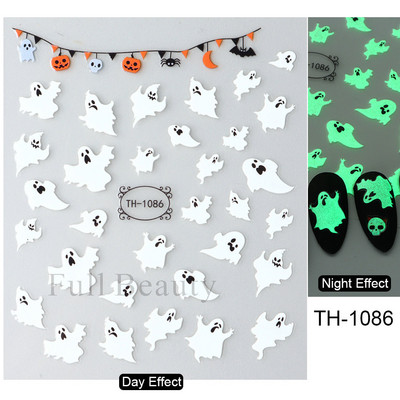 3D melna kaķa nagu uzlīme Gaismas acs spoks galvaskausa slīdņi mirdz tumsā gēla lakas uzlīmes Helovīna nagu mākslas rotājumi