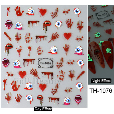 3D melna kaķa nagu uzlīme Gaismas acs spoks galvaskausa slīdņi mirdz tumsā gēla lakas uzlīmes Helovīna nagu mākslas rotājumi