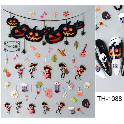 3D melna kaķa nagu uzlīme Gaismas acs spoks galvaskausa slīdņi mirdz tumsā gēla lakas uzlīmes Helovīna nagu mākslas rotājumi