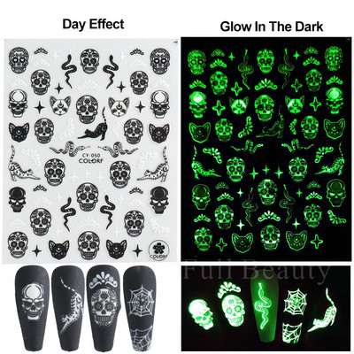 3D melna kaķa nagu uzlīme Gaismas acs spoks galvaskausa slīdņi mirdz tumsā gēla lakas uzlīmes Helovīna nagu mākslas rotājumi