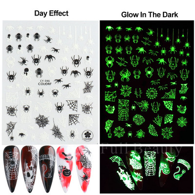 3D melna kaķa nagu uzlīme Gaismas acs spoks galvaskausa slīdņi mirdz tumsā gēla lakas uzlīmes Helovīna nagu mākslas rotājumi