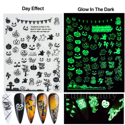 3D melna kaķa nagu uzlīme Gaismas acs spoks galvaskausa slīdņi mirdz tumsā gēla lakas uzlīmes Helovīna nagu mākslas rotājumi