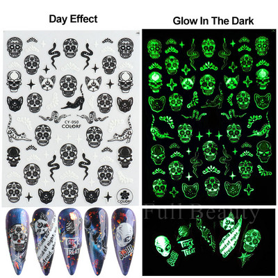 3D melna kaķa nagu uzlīme Gaismas acs spoks galvaskausa slīdņi mirdz tumsā gēla lakas uzlīmes Helovīna nagu mākslas rotājumi