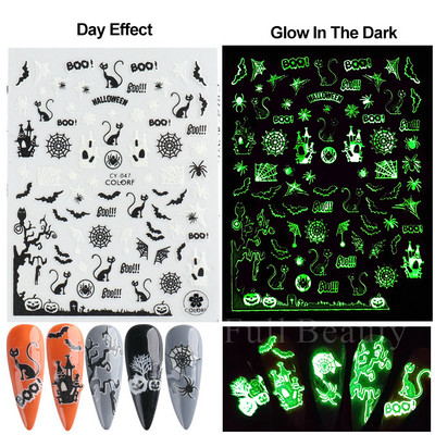 3D melna kaķa nagu uzlīme Gaismas acs spoks galvaskausa slīdņi mirdz tumsā gēla lakas uzlīmes Helovīna nagu mākslas rotājumi