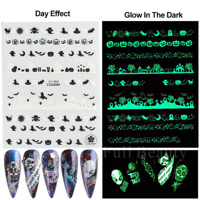 3D melna kaķa nagu uzlīme Gaismas acs spoks galvaskausa slīdņi mirdz tumsā gēla lakas uzlīmes Helovīna nagu mākslas rotājumi