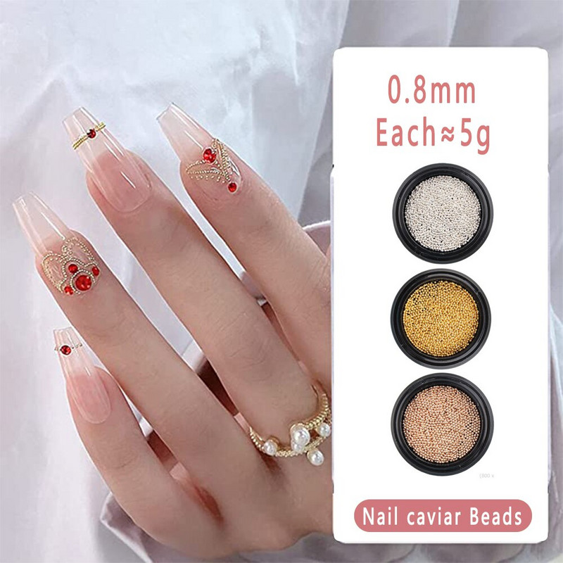 3 kaste, metāla nagu mākslas pērlītes, manikīra aksesuāri, amatniecības rīks — 3 g nail Art, mini nerūsējošā tērauda krelles komplekts