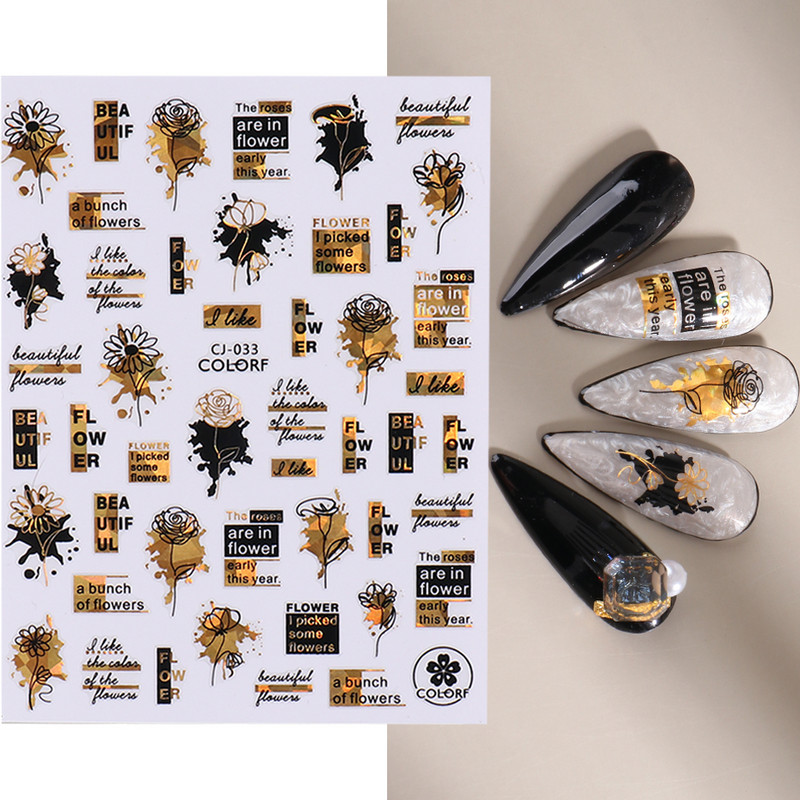 1Gb Melns Zelts Lapas Naglas Mākslas Uzlīme Hologrāfiska Ziedu Lāzera Šķēles Nagu folijas Uzlīmes Padomi Manikīra Dekorācijas LYCJ028-036