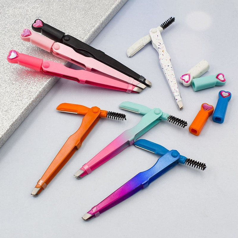 3 vienā Augstas precizitātes uzacu pincetes Profesionāls uzacu trimeris ar suku bārdas noņemšanai, skropstas skropstu pieaudzēšanas pincetes