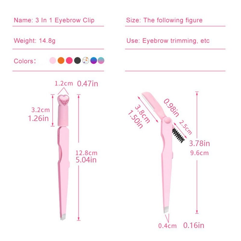 3 vienā Augstas precizitātes uzacu pincetes Profesionāls uzacu trimeris ar suku bārdas noņemšanai, skropstas skropstu pieaudzēšanas pincetes