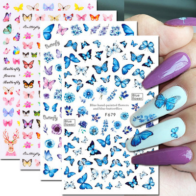 3D Blue Butterfly Kleebised Küünekaunistus Laser Lilled Lehed Küünekleebised Küünekunstitarbed Küüneosad
