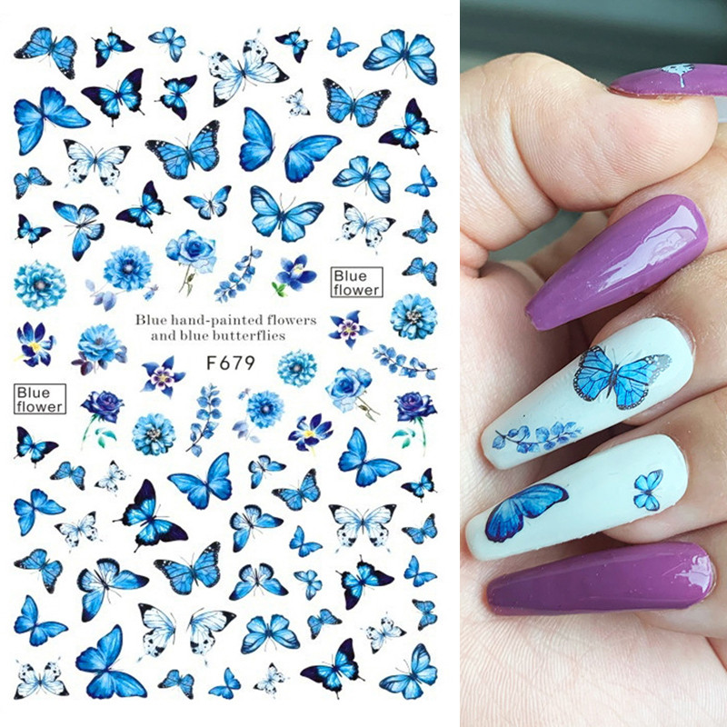 3D Blue Butterfly Līmējošās Uzlīmes Nagu mākslas dekorēšana Lāzera Ziedi Lapas Nagu Uzlīmes Nagu mākslas piederumi Nagu daļas