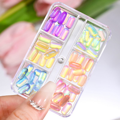 6Girds/Box Aurora Nail Art Rhinestone 3D Resin Love-Heart/Butterfly/Bow Nagu Decoration DIY Jauktu krāsu manikīra kristāls