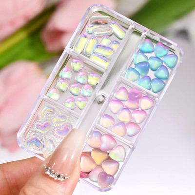 6Girds/Box Aurora Nail Art Rhinestone 3D Resin Love-Heart/Butterfly/Bow Nagu Decoration DIY Jauktu krāsu manikīra kristāls