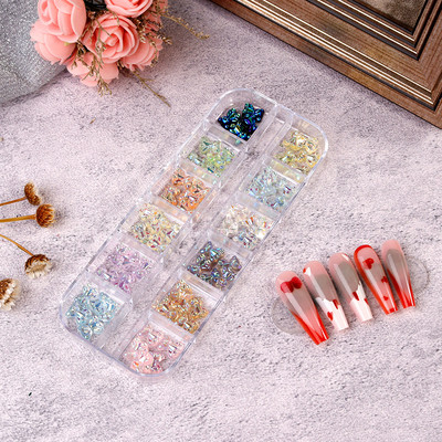 6Girds/Box Aurora Nail Art Rhinestone 3D Resin Love-Heart/Butterfly/Bow Nagu Decoration DIY Jauktu krāsu manikīra kristāls