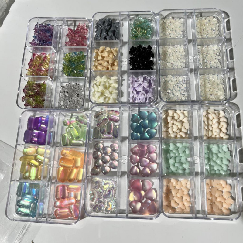 6Girds/Box Aurora Nail Art Rhinestone 3D Resin Love-Heart/Butterfly/Bow Nagu Decoration DIY Jauktu krāsu manikīra kristāls