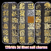 12 režģa/kastītes jaukta dizaina metāla piekariņi 3D zelta/sudraba Micro Reviet/kristāla nagu mākslas rotājumi vasaras manikīra aksesuāriem