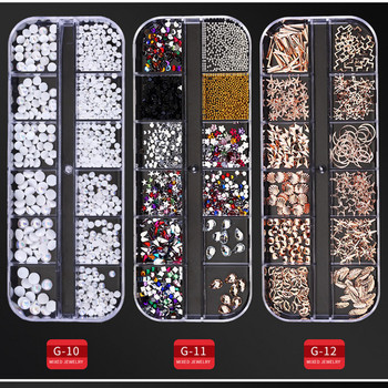 12Grid/Box Mixed Design Metal Charms 3D Gold/Silver Micro Reviet/Crystal Nail Art Decoration for DIY Summer Manicure Accessories