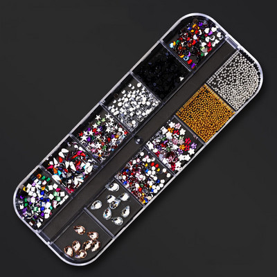 12 režģa/kastītes jaukta dizaina metāla piekariņi 3D zelta/sudraba Micro Reviet/kristāla nagu mākslas rotājumi vasaras manikīra aksesuāriem