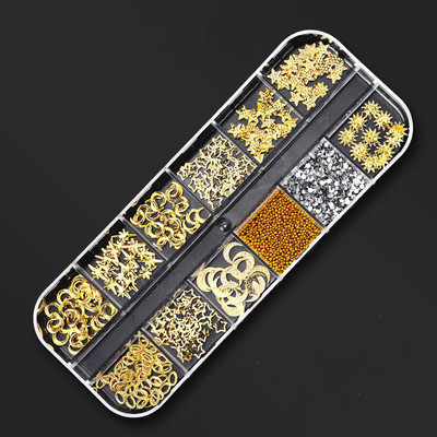 12 režģa/kastītes jaukta dizaina metāla piekariņi 3D zelta/sudraba Micro Reviet/kristāla nagu mākslas rotājumi vasaras manikīra aksesuāriem