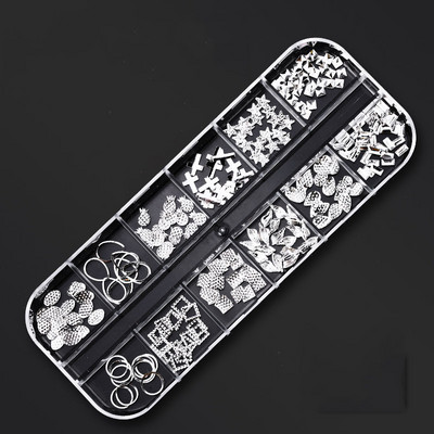 12 režģa/kastītes jaukta dizaina metāla piekariņi 3D zelta/sudraba Micro Reviet/kristāla nagu mākslas rotājumi vasaras manikīra aksesuāriem