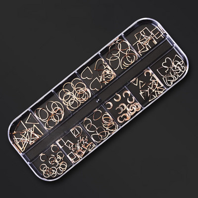 12 režģa/kastītes jaukta dizaina metāla piekariņi 3D zelta/sudraba Micro Reviet/kristāla nagu mākslas rotājumi vasaras manikīra aksesuāriem
