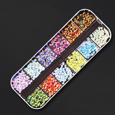 12 režģa/kastītes jaukta dizaina metāla piekariņi 3D zelta/sudraba Micro Reviet/kristāla nagu mākslas rotājumi vasaras manikīra aksesuāriem