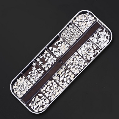 12 režģa/kastītes jaukta dizaina metāla piekariņi 3D zelta/sudraba Micro Reviet/kristāla nagu mākslas rotājumi vasaras manikīra aksesuāriem