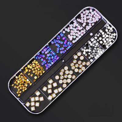 12 režģa/kastītes jaukta dizaina metāla piekariņi 3D zelta/sudraba Micro Reviet/kristāla nagu mākslas rotājumi vasaras manikīra aksesuāriem