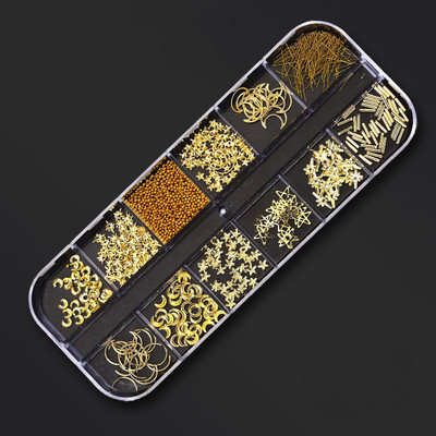 12 režģa/kastītes jaukta dizaina metāla piekariņi 3D zelta/sudraba Micro Reviet/kristāla nagu mākslas rotājumi vasaras manikīra aksesuāriem