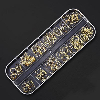 12 režģa/kastītes jaukta dizaina metāla piekariņi 3D zelta/sudraba Micro Reviet/kristāla nagu mākslas rotājumi vasaras manikīra aksesuāriem