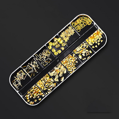 12 režģa/kastītes jaukta dizaina metāla piekariņi 3D zelta/sudraba Micro Reviet/kristāla nagu mākslas rotājumi vasaras manikīra aksesuāriem