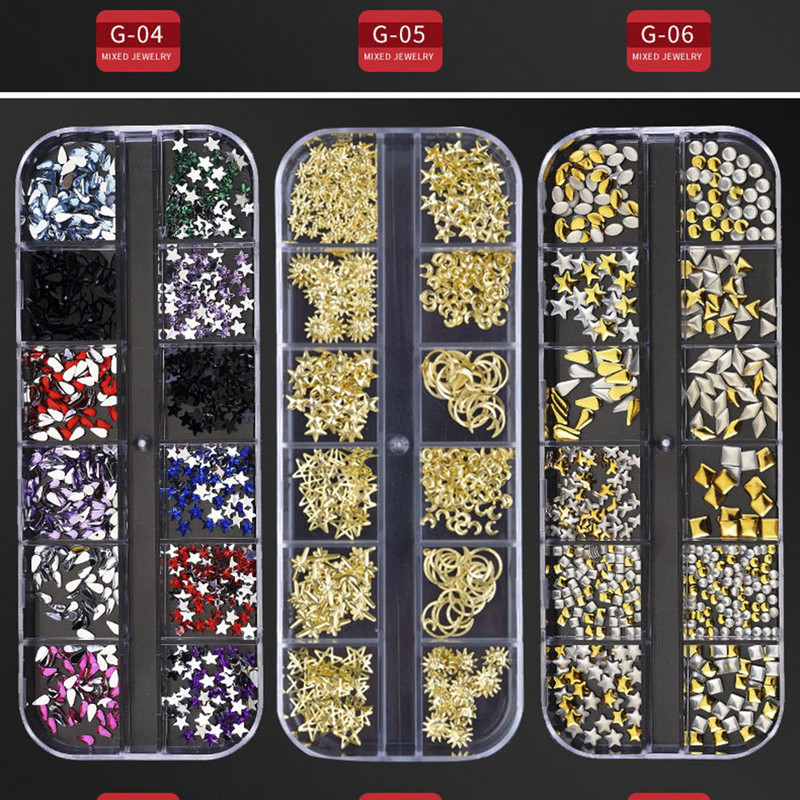12 režģa/kastītes jaukta dizaina metāla piekariņi 3D zelta/sudraba Micro Reviet/kristāla nagu mākslas rotājumi vasaras manikīra aksesuāriem