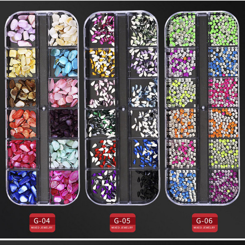 12 režģa/kastītes jaukta dizaina metāla piekariņi 3D zelta/sudraba Micro Reviet/kristāla nagu mākslas rotājumi vasaras manikīra aksesuāriem