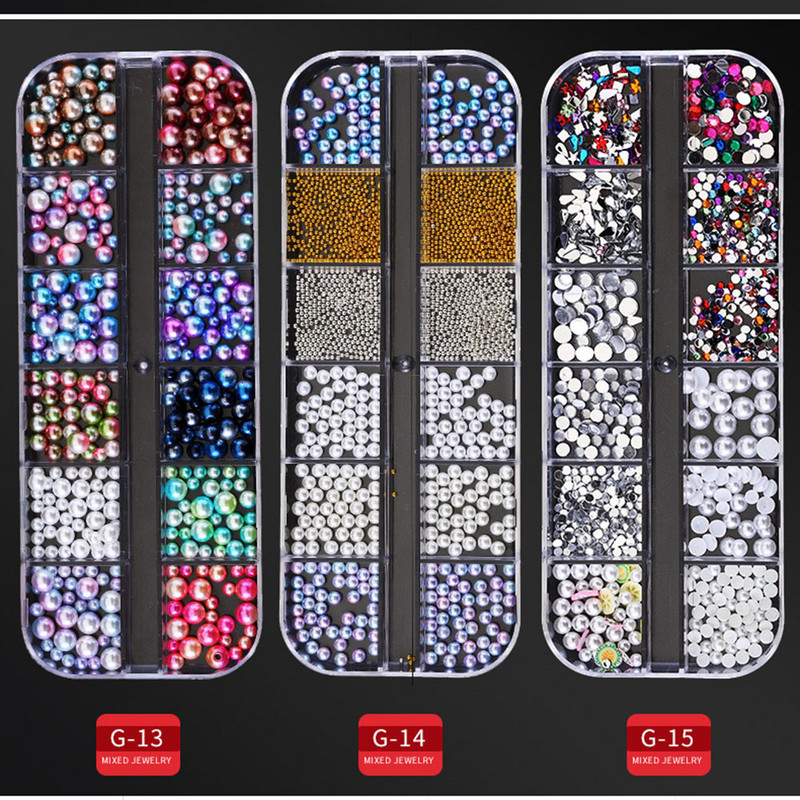 12 režģa/kastītes jaukta dizaina metāla piekariņi 3D zelta/sudraba Micro Reviet/kristāla nagu mākslas rotājumi vasaras manikīra aksesuāriem