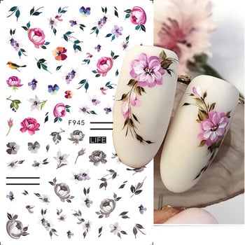 3D стикери за нокти Цветя Розово, лилаво, акварелно мастило, цветя, листа, геометрична линия, венчелистчета, стикери за ноктопластика, маникюр, декорация