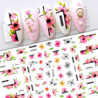 3D naljepnice za nokte Cvijeće Ružičasto Ljubičasta Akvarel Tinta Cvijeće Listovi Geometrijske linije Latice Naljepnice za Nail Art Manikura Dekoracija