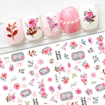 3D naljepnice za nokte Cvijeće Ružičasto Ljubičasta Akvarel Tinta Cvijeće Listovi Geometrijske linije Latice Naljepnice za Nail Art Manikura Dekoracija