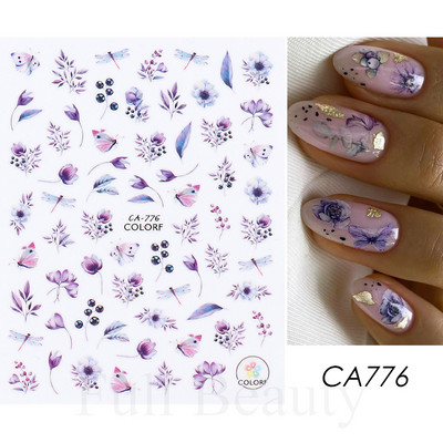 3D naljepnice za nokte Cvijeće Ružičasto Ljubičasta Akvarel Tinta Cvijeće Listovi Geometrijske linije Latice Naljepnice za Nail Art Manikura Dekoracija