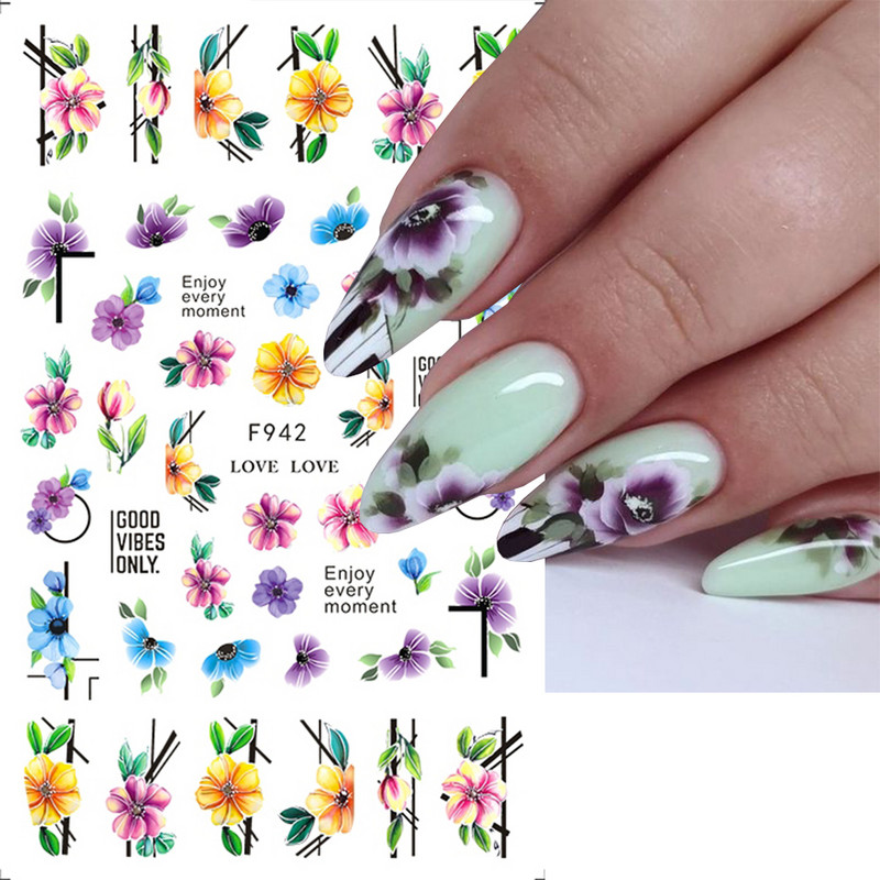 3D naljepnice za nokte Cvijeće Ružičasto Ljubičasta Akvarel Tinta Cvijeće Listovi Geometrijske linije Latice Naljepnice za Nail Art Manikura Dekoracija
