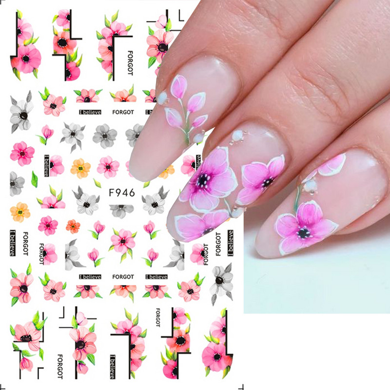 3D naljepnice za nokte Cvijeće Ružičasto Ljubičasta Akvarel Tinta Cvijeće Listovi Geometrijske linije Latice Naljepnice za Nail Art Manikura Dekoracija