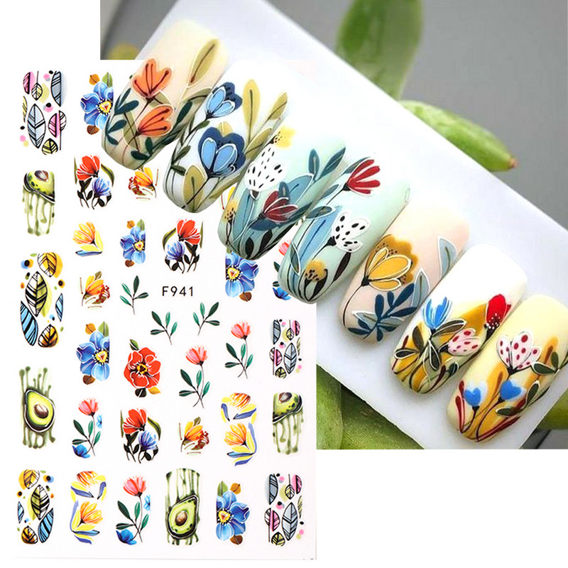 3D naljepnice za nokte Cvijeće Ružičasto Ljubičasta Akvarel Tinta Cvijeće Listovi Geometrijske linije Latice Naljepnice za Nail Art Manikura Dekoracija