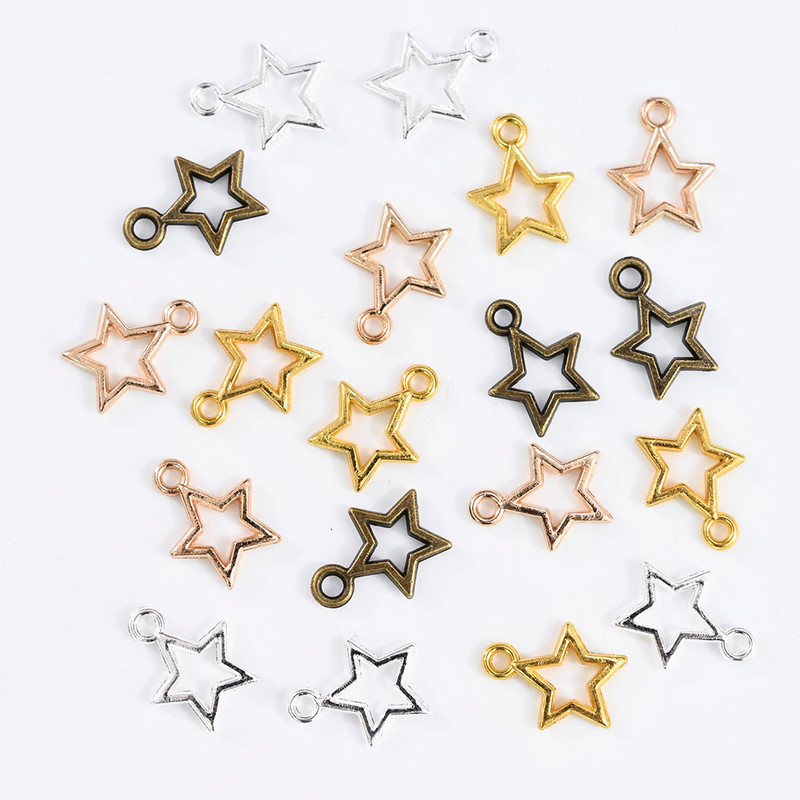 100/10gab 3D sakausējuma luksusa sudraba zvaigžņu nagu piekariņi dobi pīrsingi, piekaramie rotaslietas nagu mākslas rotājumi, DIY kulonu manikīrs