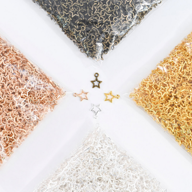 100/10gab 3D sakausējuma luksusa sudraba zvaigžņu nagu piekariņi dobi pīrsingi, piekaramie rotaslietas nagu mākslas rotājumi, DIY kulonu manikīrs