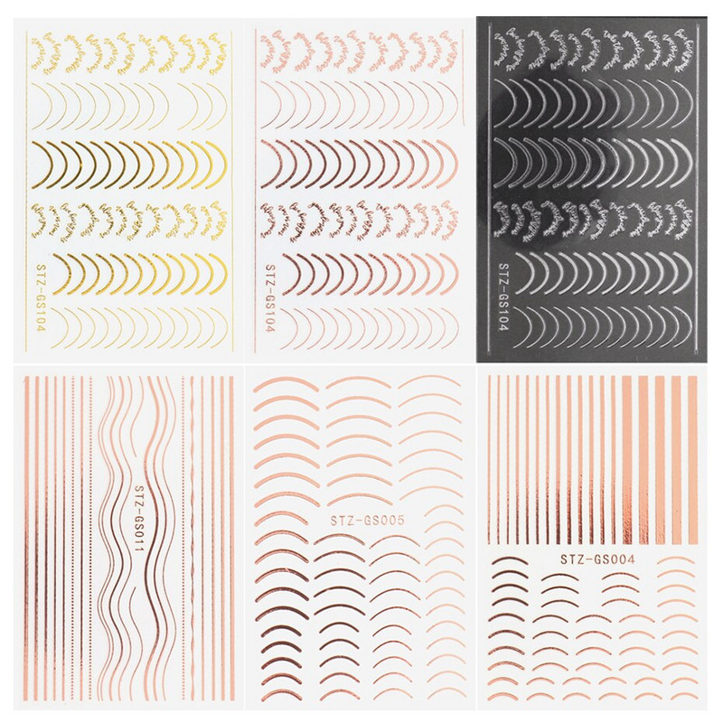 6gab 3D svītru lentes līnijas nagu uzlīmes rozā zelta metāla burti uzlīmes izliektas sloksnes nagu mākslas slīdņi manikīra dekori