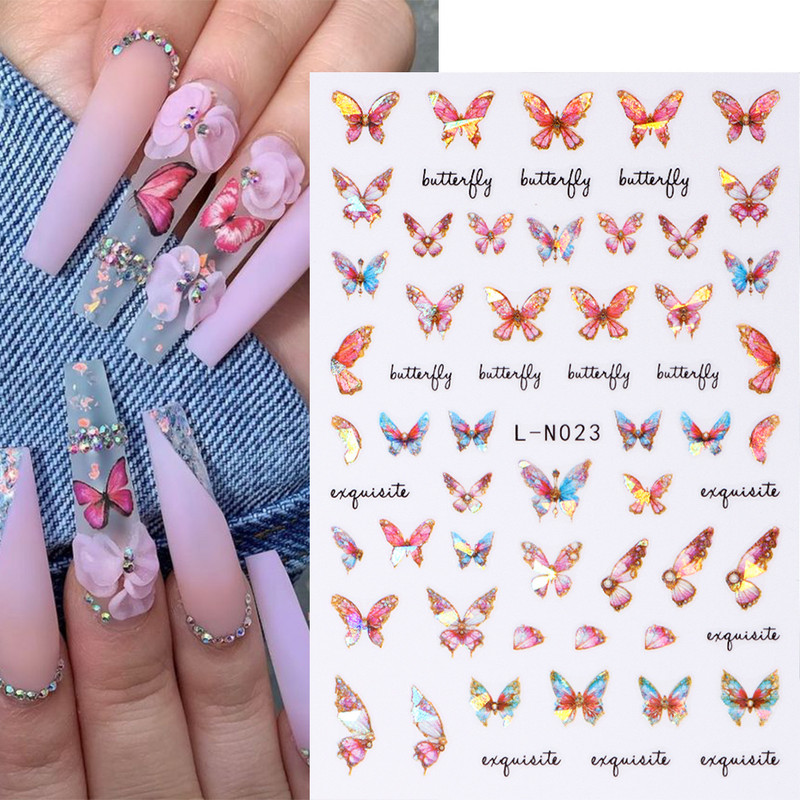 Lāzerzils tauriņš 3D nagu uzlīmes Hologrāfiskas krāsainas ģeometrijas uzlīmes DIY uzlīmes Dizaini nagu mākslas manikīra rotājumiem