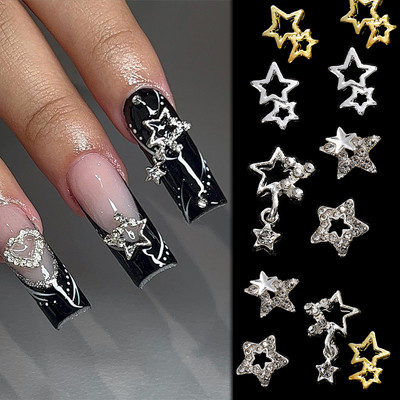 3D Pentagram Star Nail Charm Silver Star Nail Art Y2K Design Lydinio Smeigės Pakabukas Kalnų krištolas Brangakmeniai Punk Gothic DIY Manikiūras 10vnt.