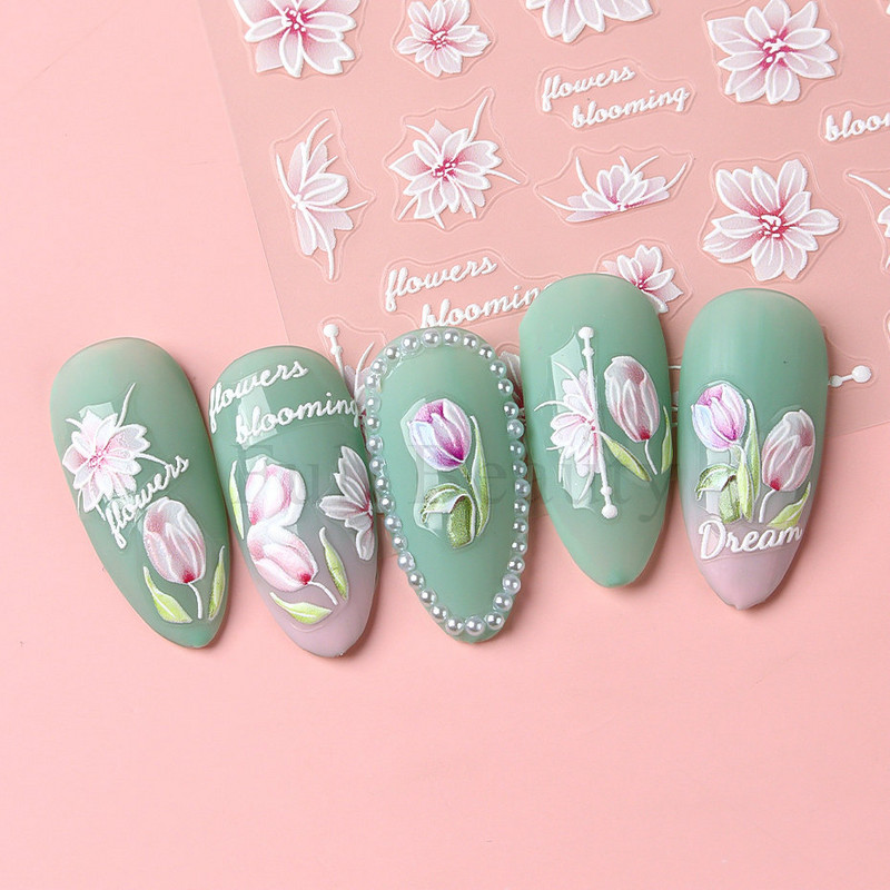 1Gb Sakuras Uzlīmes Nagiem 5D Reljefs Pavasara Ķiršu Zieds Tulpes Peonija Ziedi Ziedlapiņas Slīdņi Manikīra Dekorācija LAPro010
