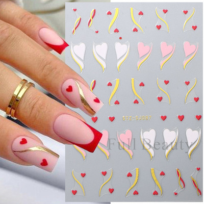 Love Heart Design Golden Wave Line 3D Nagu uzlīmes Y2K Adhesive Decals Sarkans Rozā Valentīna Nail Art Dekorācijas Slīdņi Manikīrs