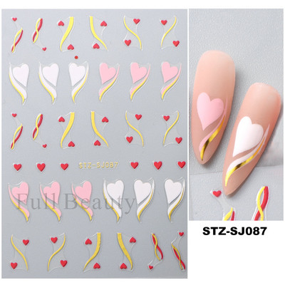 Love Heart Design Golden Wave Line 3D Nagu uzlīmes Y2K Adhesive Decals Sarkans Rozā Valentīna Nail Art Dekorācijas Slīdņi Manikīrs