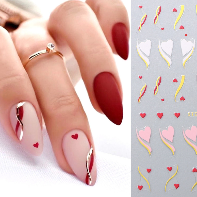 Love Heart Design Golden Wave Line 3D Nagu uzlīmes Y2K Adhesive Decals Sarkans Rozā Valentīna Nail Art Dekorācijas Slīdņi Manikīrs